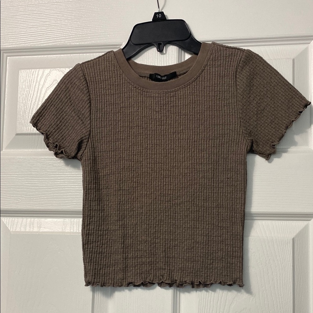 Brown Ribbed Short Sleeve Top